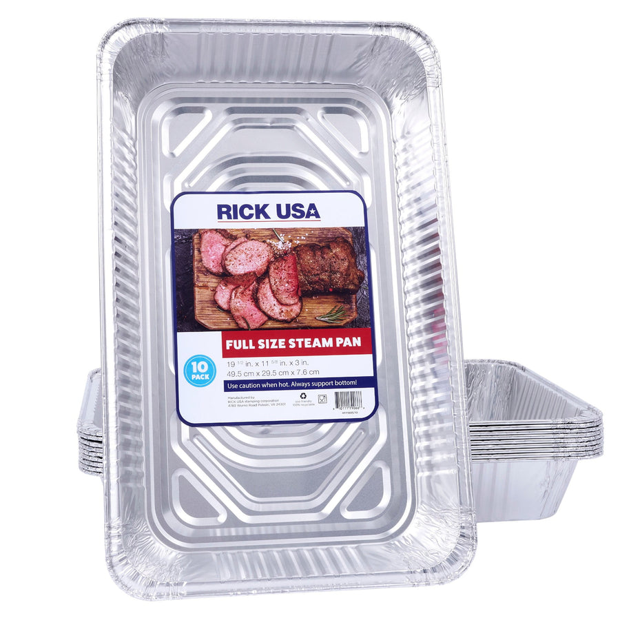 Stacked disposable full-size aluminum steam pans with front label showing brand RICK USA and food photo