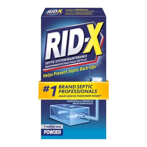 Front-facing Rid-X branded box for septic system maintenance powder with bold logo and yellow banner