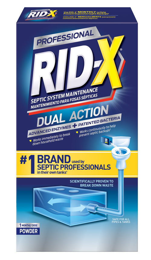 Tall Rid‑X Professional Dual Action powder box showing product name, toilet graphic and septic tank diagram on the front.