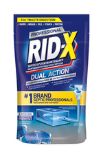 Front-facing RID-X Professional Dual Action septic pods pouch with branding and illustrative septic graphic