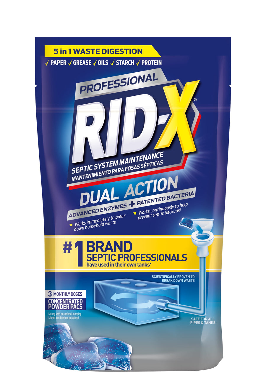 Front-facing RID-X Professional Dual Action septic pods pouch with branding and illustrative septic graphic