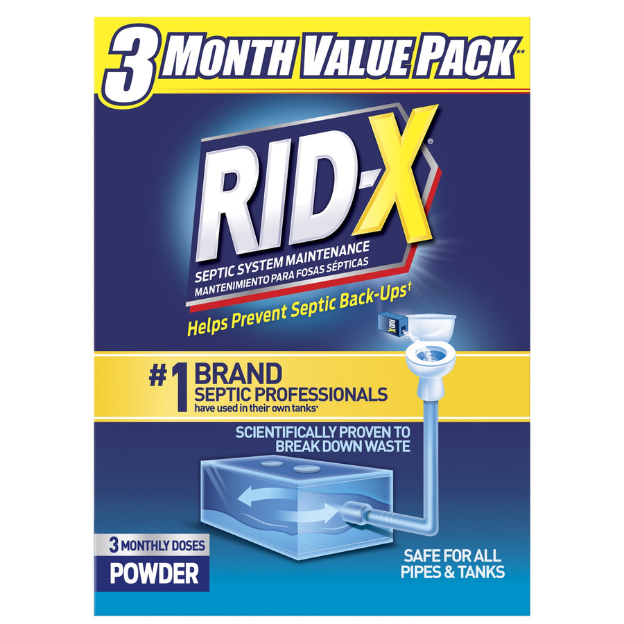 Front-facing product box graphic for RID-X septic system maintenance powder with large logo and packaging art