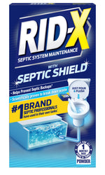 Front-facing product packaging for RID-X Septic System Maintenance powder with toilet and septic graphic