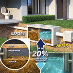 Before-and-after septic tank illustration showing sludge reduction and clearer water after RID-X treatment