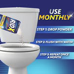 Illustration of a toilet being dosed with RID-X powder and step-by-step monthly use instructions