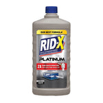 Front-facing bottle of RID-X Platinum septic system maintenance liquid with blue cap and label.