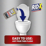 Graphic of a RID-X Platinum bottle being poured into a toilet bowl with bold text instructing to pour then flush.