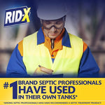 Promotional image with a worker in safety gear and RID-X logo with text claiming professionals have used it.