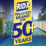 Outdoor lifestyle graphic with RID-X logo and large text stating the brand is trusted for 50+ years.