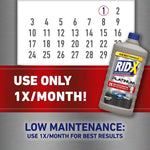 Calendar graphic with a circled date and a RID-X Platinum bottle emphasizing use only once per month.