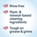 Graphic checklist listing rinse free, plant- & mineral-based cleaning ingredients, and tough on grease & grime