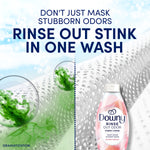 Infographic showing Downy Rinse Out Odor bottle beside fabric dramatization and headline 'Rinse out stink in one wash'