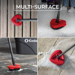 Four-panel lifestyle layout of the red O-Cedar triangular scrub brush in use on multiple surfaces, showing wet and dry cleaning actions.
