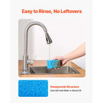 Hand rinsing a blue sponge under a faucet above a kitchen sink, with a honeycomb texture inset and caption.