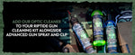 Banner-style image showing Riptide Armory cleaning products arranged on a camo background with promotional text.