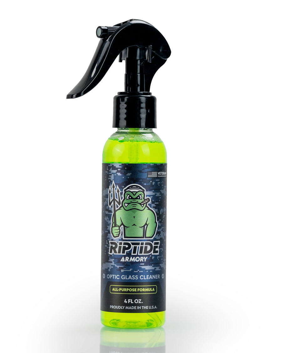 Riptide Armory optic glass cleaner bottle with neon green liquid and black trigger spray, front label visible.
