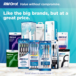 Assortment display of RM Oral products including boxed toothbrushes, flossers and oral care items with headline about value
