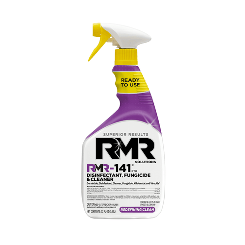 Single RMR-141 disinfectant spray bottle with purple and yellow label on white background