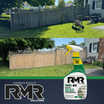Composite outdoor scene with a wooden fence before and after cleaning plus RMR-86 bottle and logo