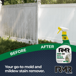 Side-by-side before and after images of a white vinyl fence with RMR-86 bottle and 'before/after' banner