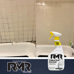 Split before-and-after photo of bathtub and tiled wall showing heavy grout staining left and cleaned tiles right with RMR bottle overlay
