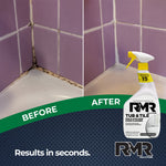Split before-and-after image of purple tiled shower corner showing moldy grout on left and cleaned grout on right with RMR bottle overlay