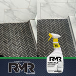 Before-and-after composite of dark herringbone tile shower floor showing improved grout contrast and RMR Tub & Tile bottle graphic