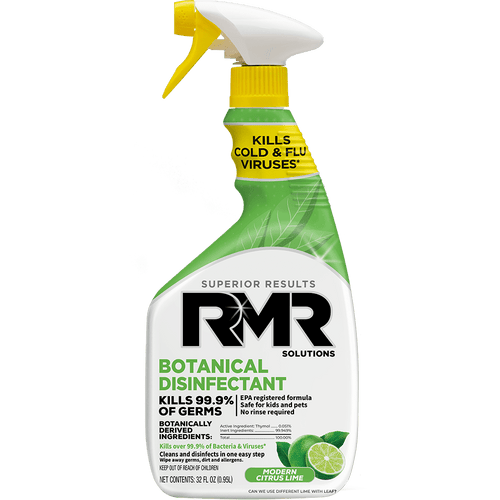 RMR Botanical Disinfectant spray bottle on a plain background, green bottle with yellow trigger and lime graphic, front label visible.