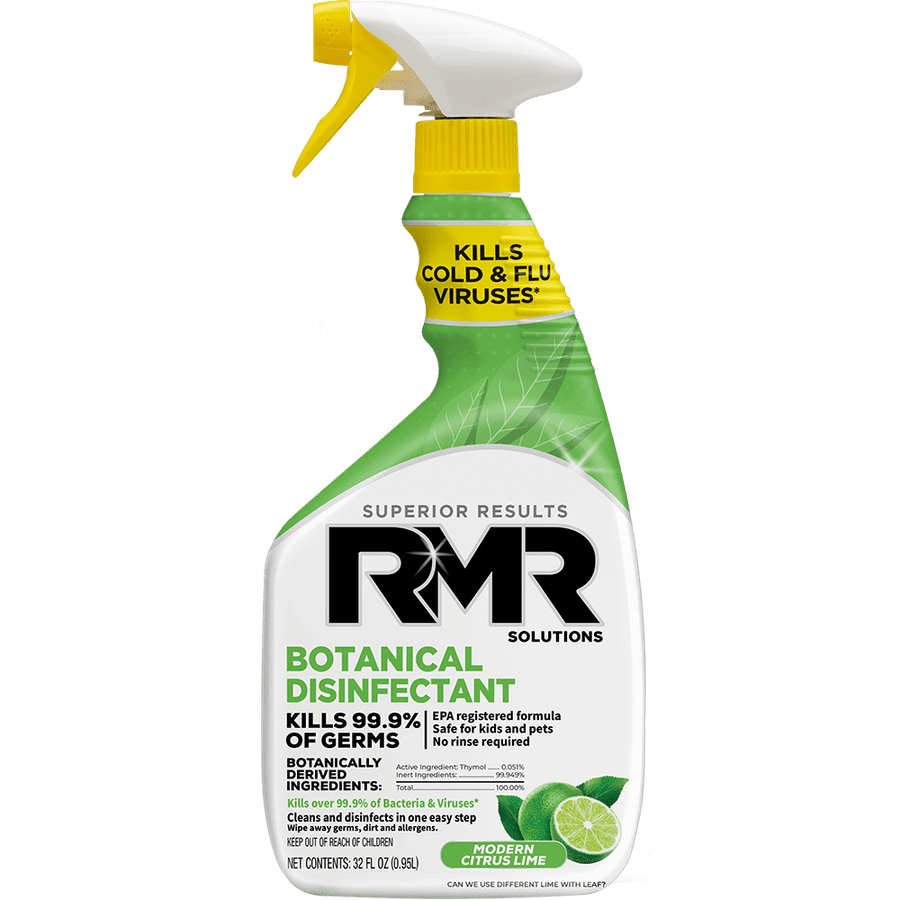 RMR Botanical Disinfectant spray bottle on a plain background, green bottle with yellow trigger and lime graphic, front label visible.