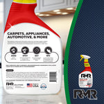 Close-up of the back label of an RMR degreaser bottle showing usage icons and storage information