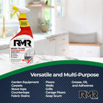 RMR degreaser spray bottle on a kitchen countertop with infographic text about versatile, multi-purpose uses