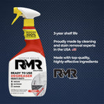 RMR Solutions degreaser bottle on a patterned blue background with text noting 3-year shelf life and made in USA