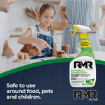 Kitchen lifestyle image with a child, dog and adult in the background and a large RMR Botanical Disinfectant bottle graphic and safety text overlay.