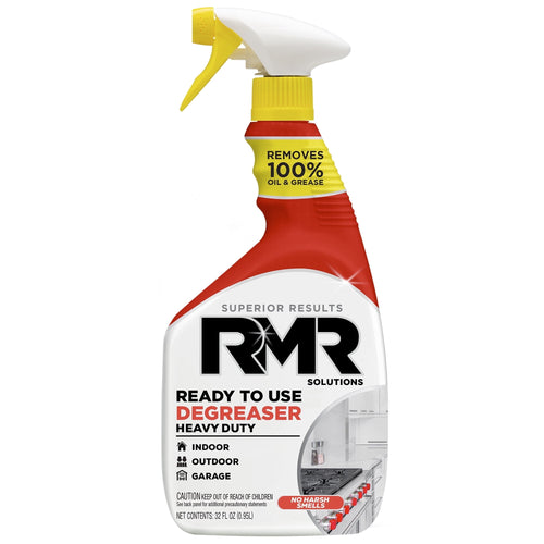 RMR Solutions red and white ready-to-use degreaser spray bottle with yellow trigger on white background