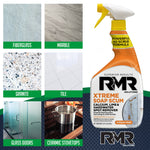 Infographic showing an RMR Xtreme soap scum spray bottle alongside labeled surface photos like fiberglass, marble and tile