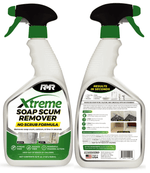 Front and back views of a white RMR Xtreme Soap Scum Remover spray bottle showing labels and trigger