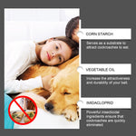 graphic listing roach bait ingredients - corn starch, vegetable oil, imidacloprid - beside a photo of a child resting with a dog