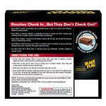 Back panel of Roach Motel product box with usage directions, warnings and guarantee text.