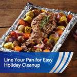Roasted meat and vegetables in a foil-lined pan on a wooden surface, with a banner about lining pans for easy cleanup