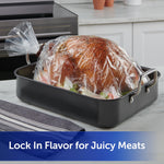 Whole roasted turkey wrapped in a clear oven bag inside a roasting pan, tied at the end
