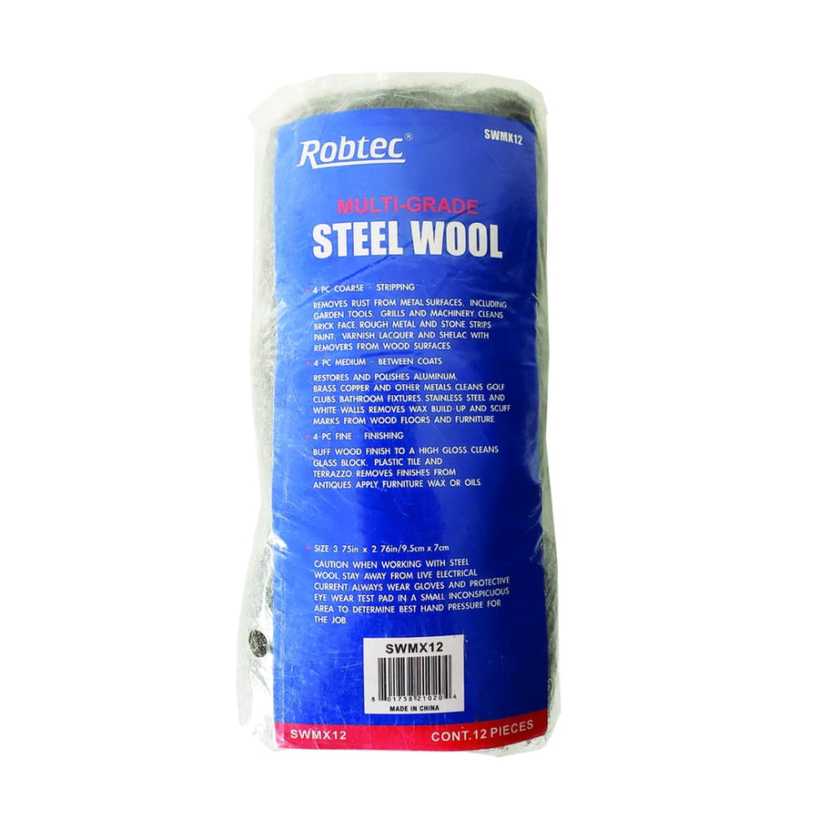 Wrapped pack of Robtec multi-grade steel wool with a blue label reading 'STEEL WOOL' and visible product text