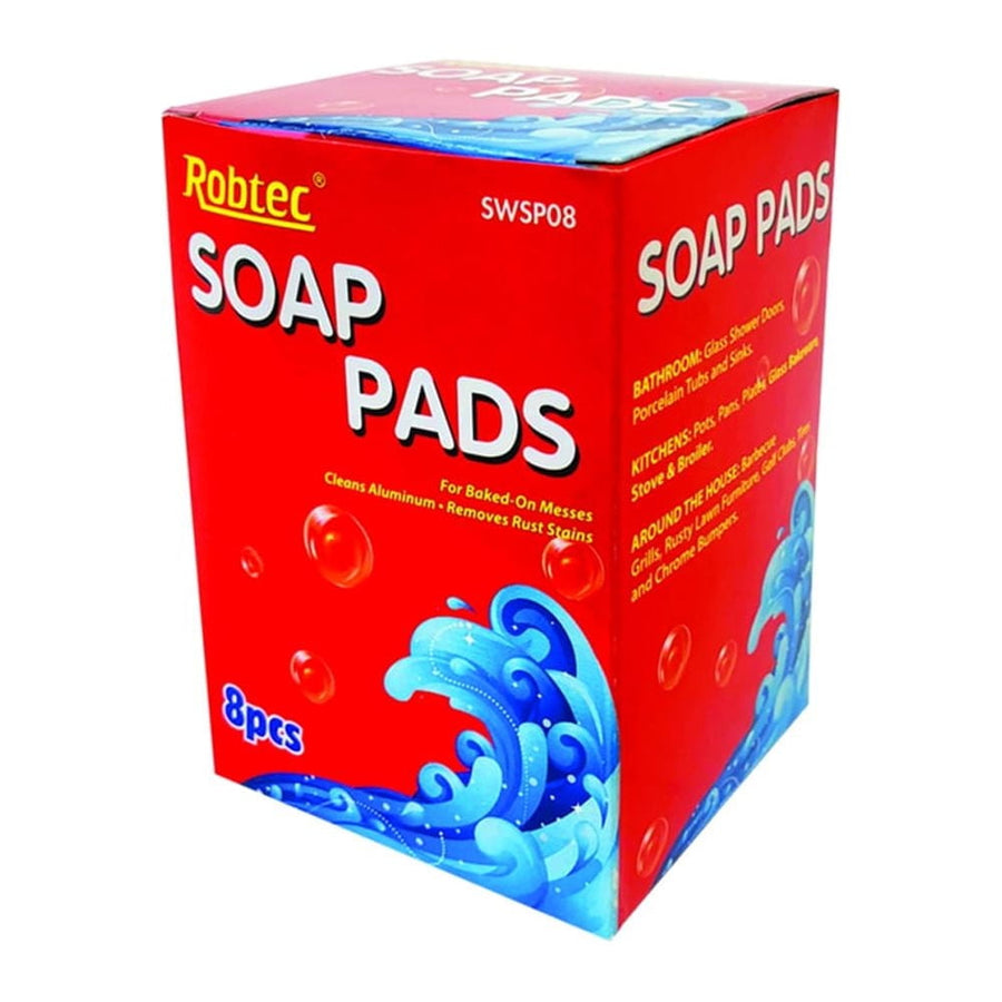 Red retail box of Robtec soap pads featuring blue wave graphics and 'SOAP PADS' text