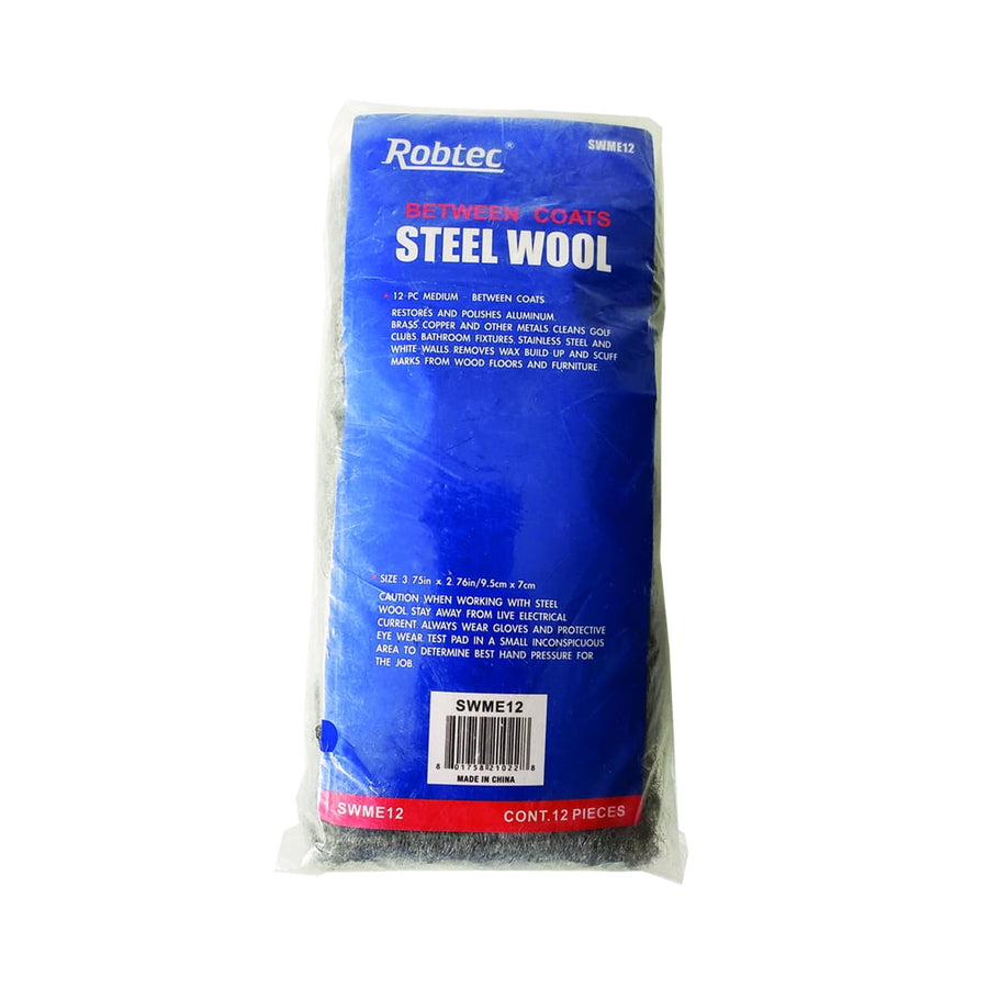 Clear plastic package of Robtec branded steel wool with blue label and barcode, visible product inside