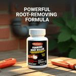 Roebic Foaming Root Killer bottle on a wooden surface with garden tools and text claiming powerful root-removing formula.