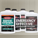 Foreground Roebic K-57 septic system cleaner bottle with blurred lineup of related product bottles and emergency effective text