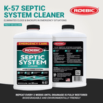 Two Roebic K-57 septic system cleaner bottles shown front and back with product branding and usage callouts