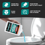 Graphic showing pouring Roebic K-57 septic cleaner into a toilet with icons for shake, pour, flush and limit water use