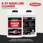 Two Roebic K-97 Main Line cleaner bottles shown front and back with product title and Roebic logo