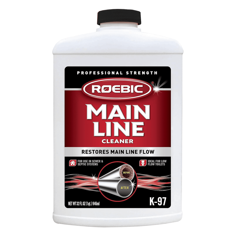 White bottle of Roebic Main Line cleaner with red and black label reading 'Main Line' and K-97 code