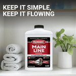 Roebic Main Line cleaner bottle staged on a shelf with folded towels and a potted plant, slogan above